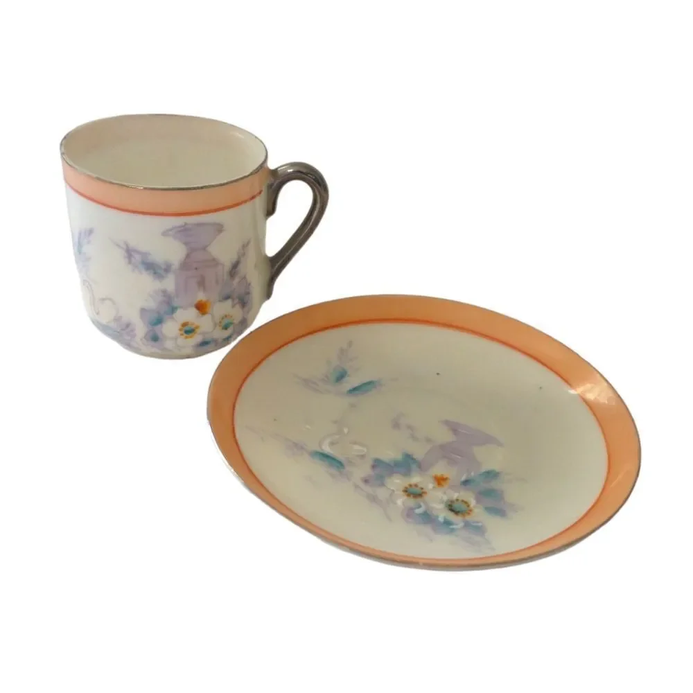 Lustreware Demitasse Espresso‎ Cup Saucer Hotta Yu Shoten Moriage Swans Floral.